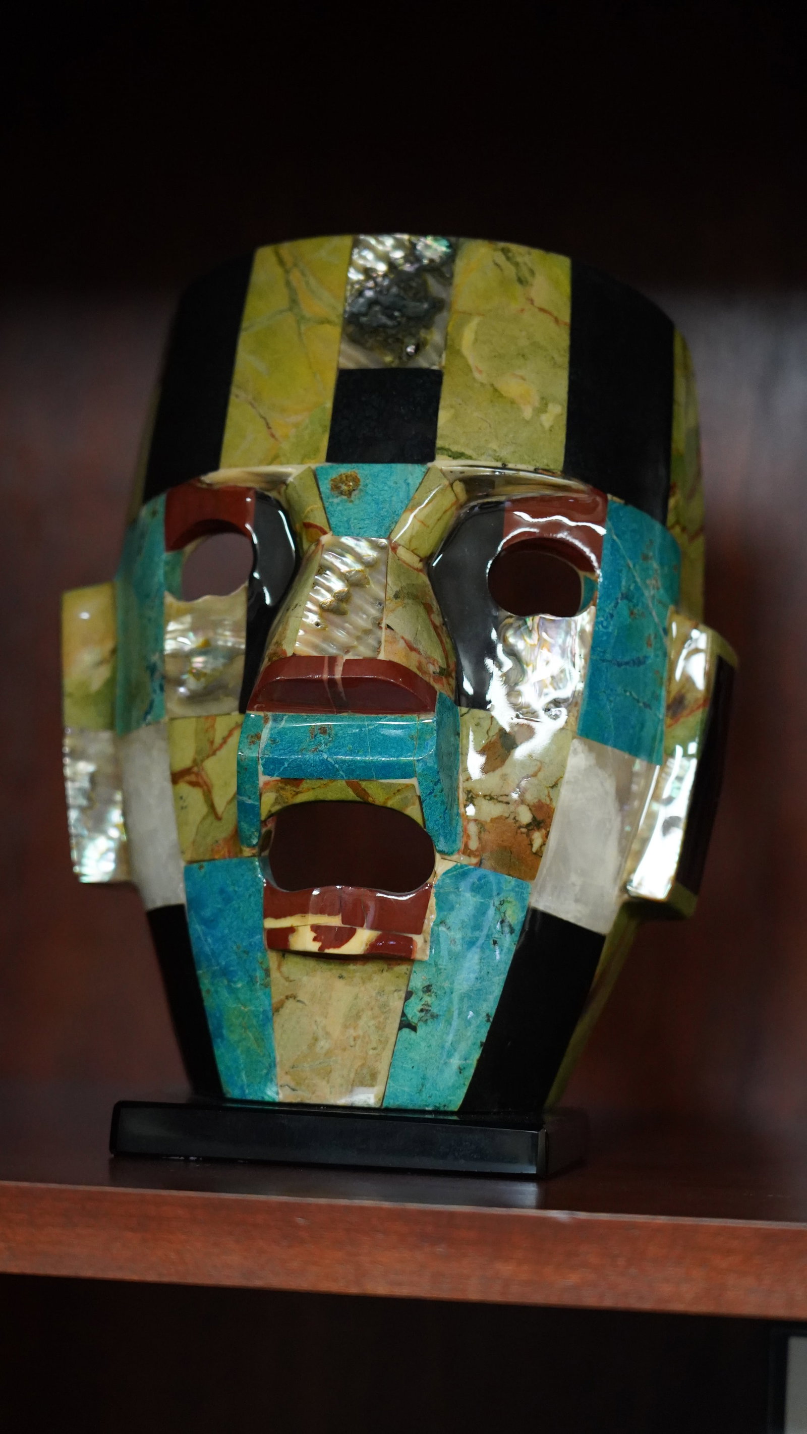 Large Handcrafted Semi-Precious Stone Inlay Tribal Mask Sculpture, Pre-Columbian Style (1 of 5)