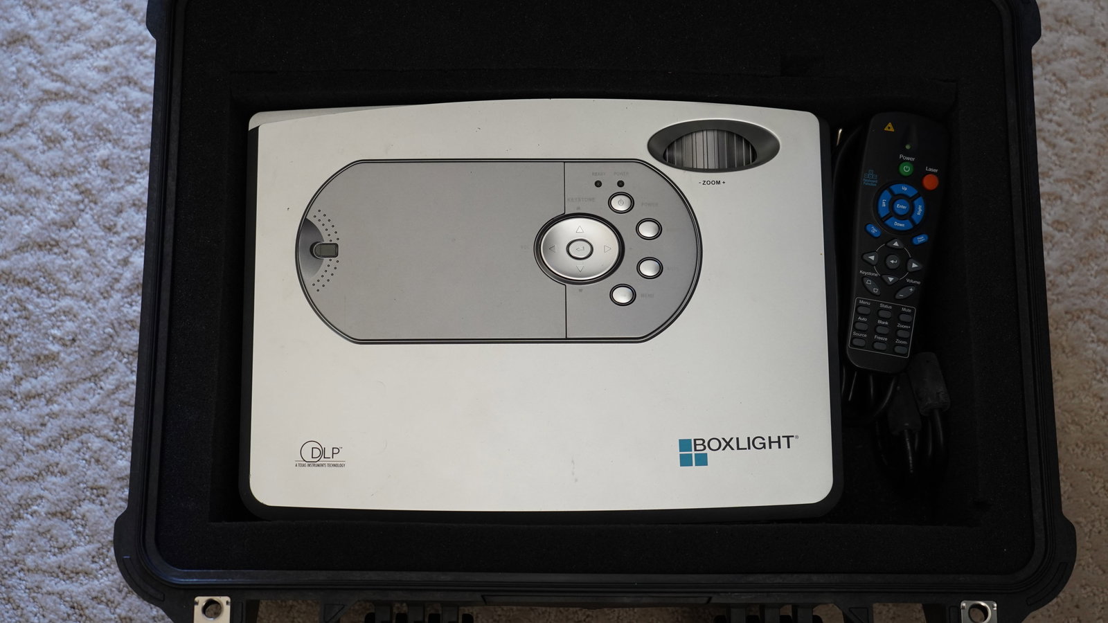 Boxlight DLP Projector With Remote In Pelican 1520 Hard Case: Boxlight DLP projector with remote and cables housed in a Pelican 1520 hard protective case with custom foam insert.This unit was designed for professional presentation use in classrooms offices and c