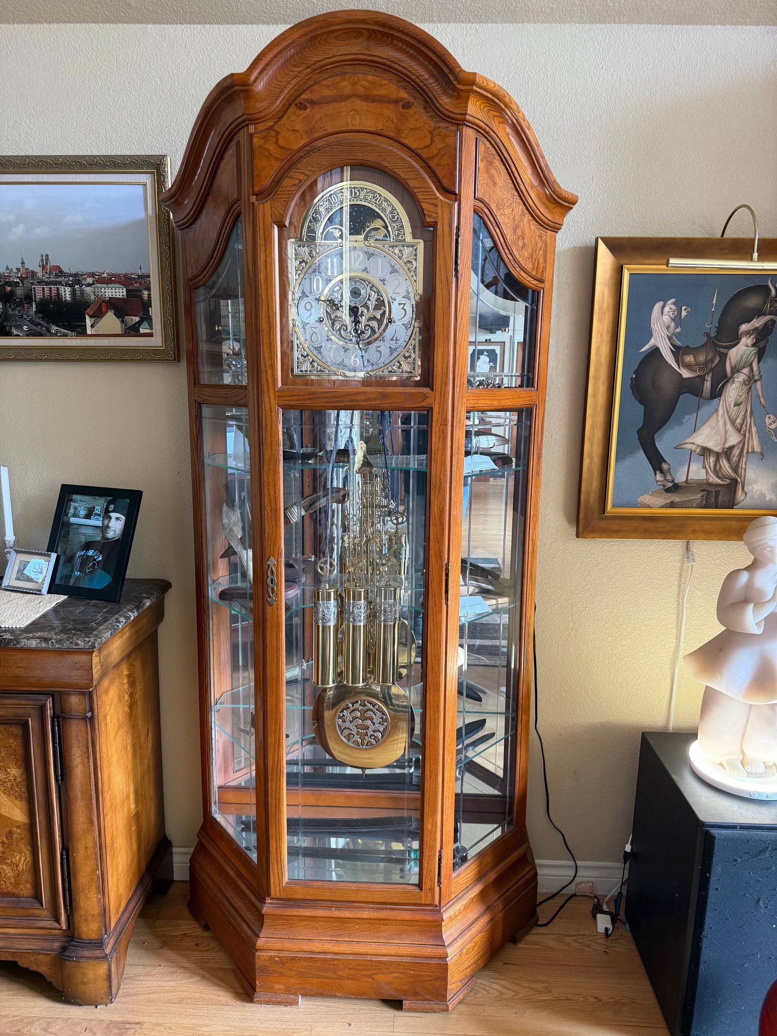 Howard Miller Oak Grandfather Clock with Moon Phase Dial (1 of 13)