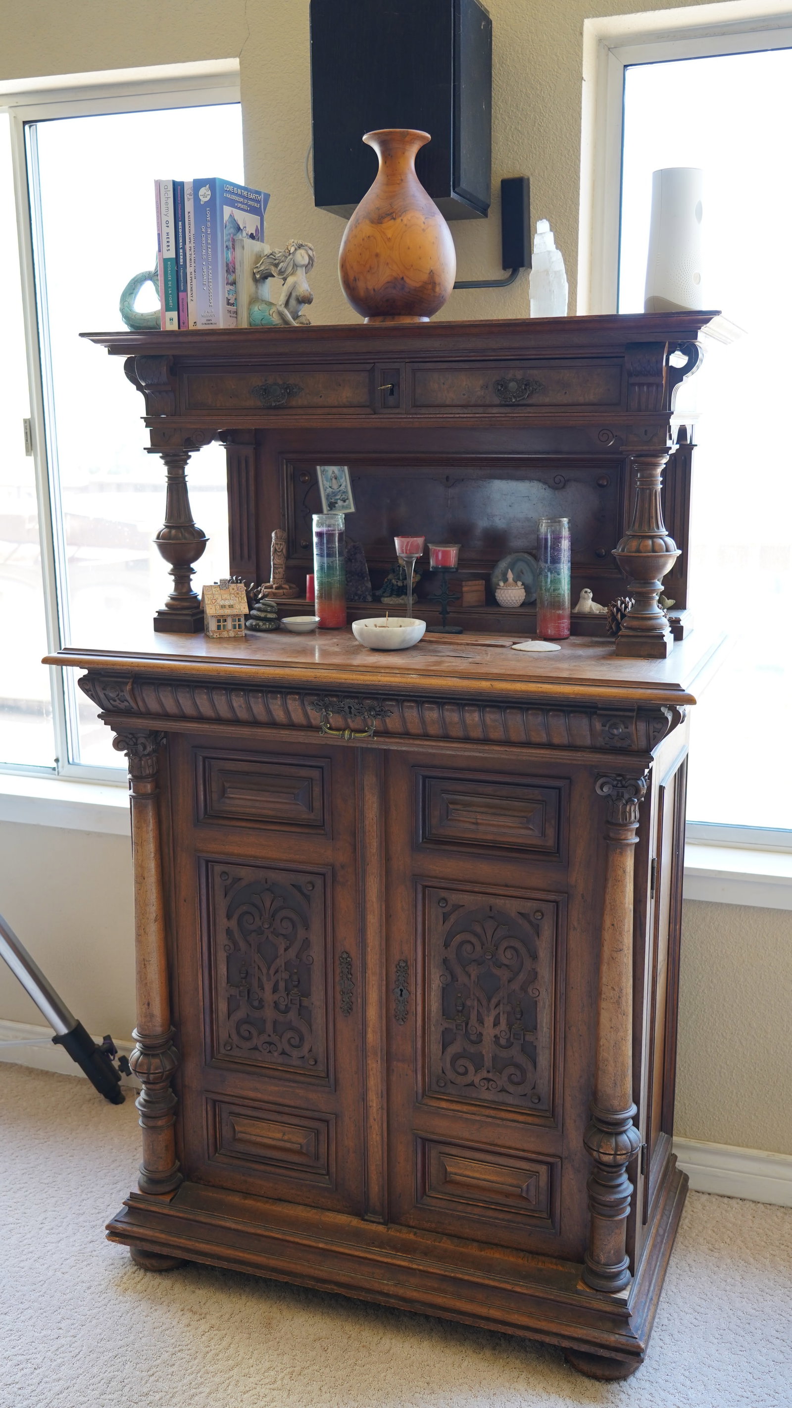Superb Antique French Renaissance Revival Carved Oak Buffet Cabinet: This Superb Antique French Renaissance Revival Carved Oak Buffet Cabinet showcases remarkable craftsmanship and timeless European elegance. Featuring richly carved oak construction with detailed decor