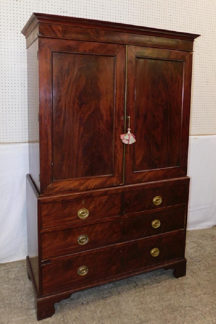 19th C mahog English linen press w/ two trays. (1 of 3)