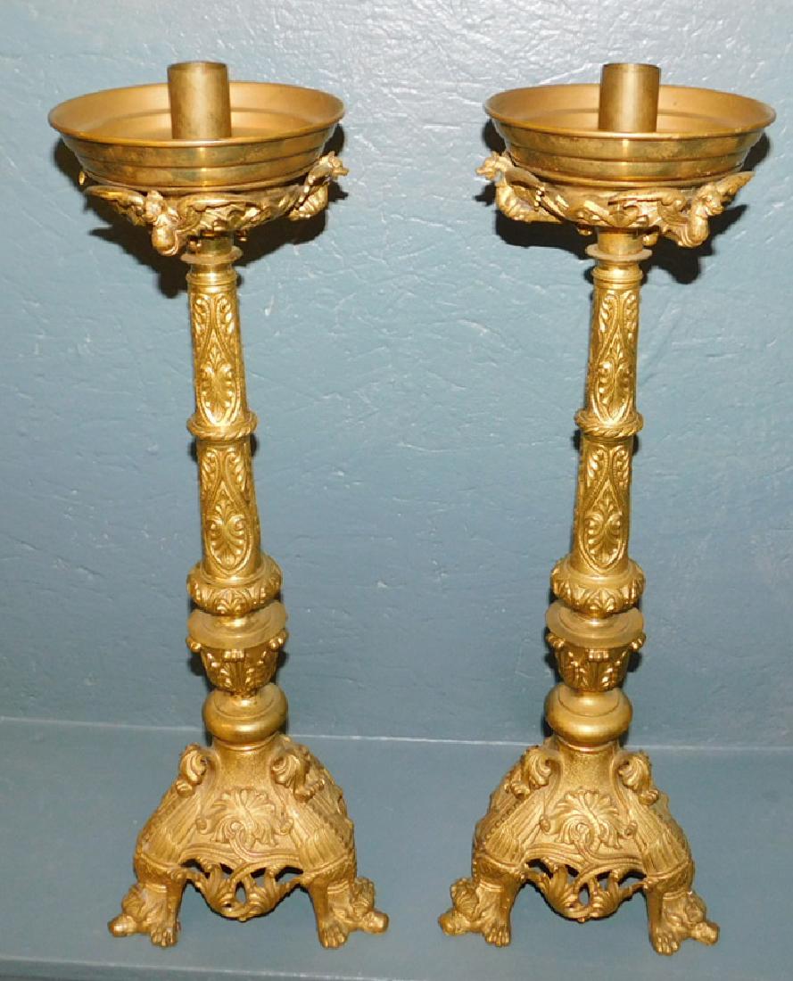 Pair large brass candlesticks with serpent detail. (1 of 3)