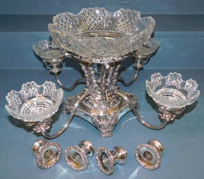 19th C Sheffield epergne w/orig. cut glass bowls.