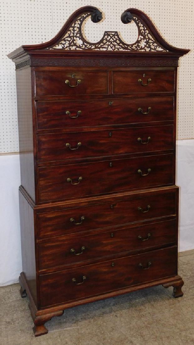 18th C mahog. chest on chest w/broken arch top (1 of 2)