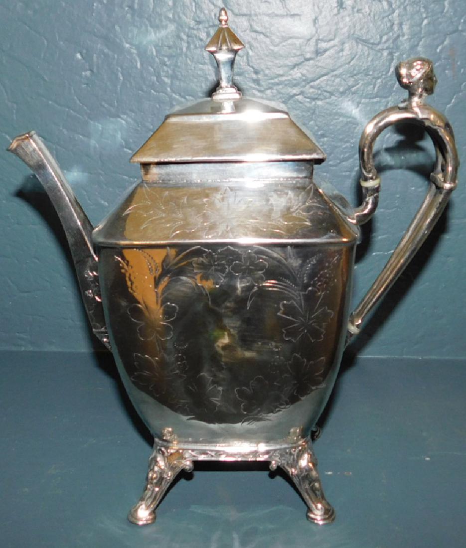 Victorian silver plated tea pot. 11" tall. (1 of 4)