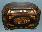 Chinoiserie tea caddy with original pewter fittings.