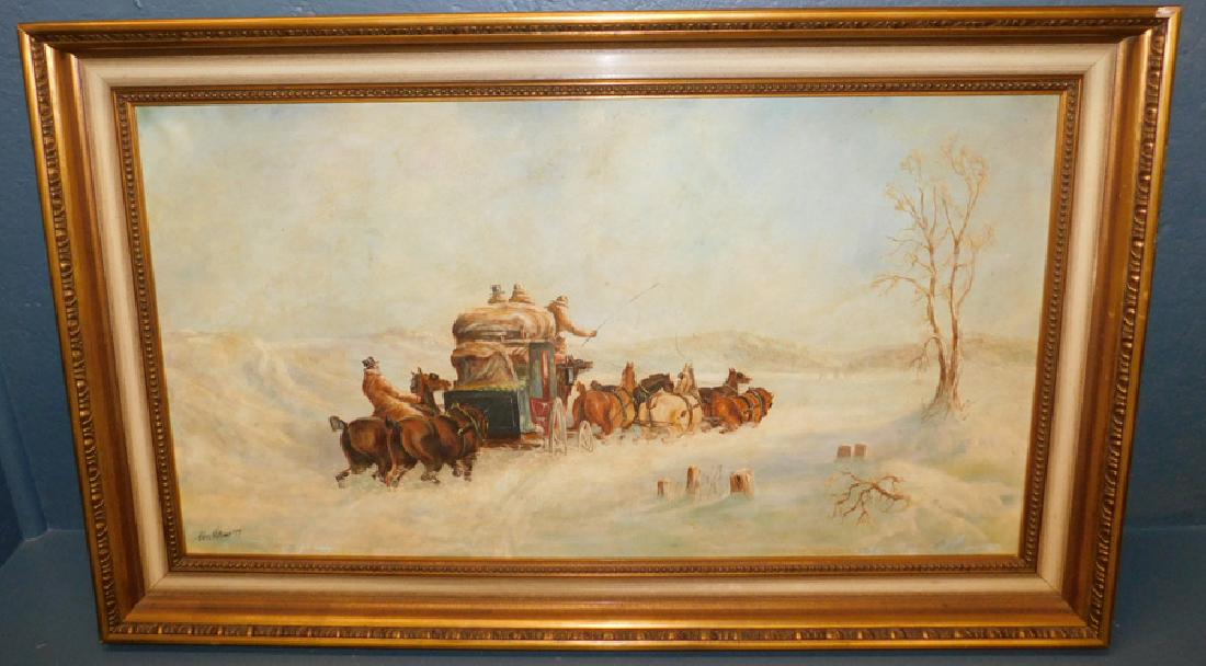 Snow and coach scene OOC by Chris Williams: Snow and coach scene oil on canvas by Chris Williams. 42" x 26".