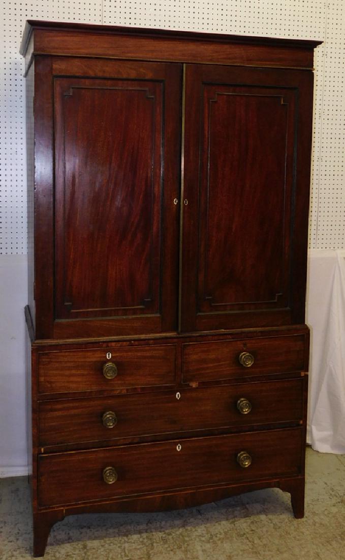 19th C inlaid mahog Sheraton linen press- no trays. (1 of 3)