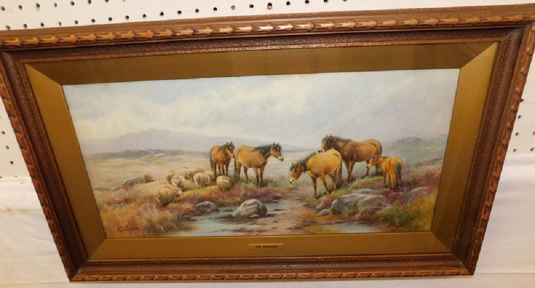 Watercolor of horses & sheep signed Tom Rowden. (1 of 4)