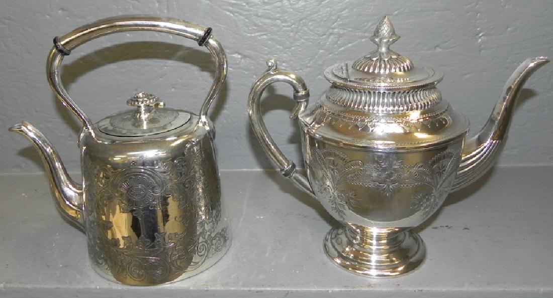 2 silver plate teapots. To 8 1/2" tall. (1 of 2)