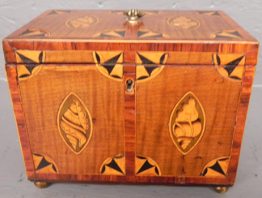 Tiger maple and shell inlaid fitted tea caddy. (1 of 2)