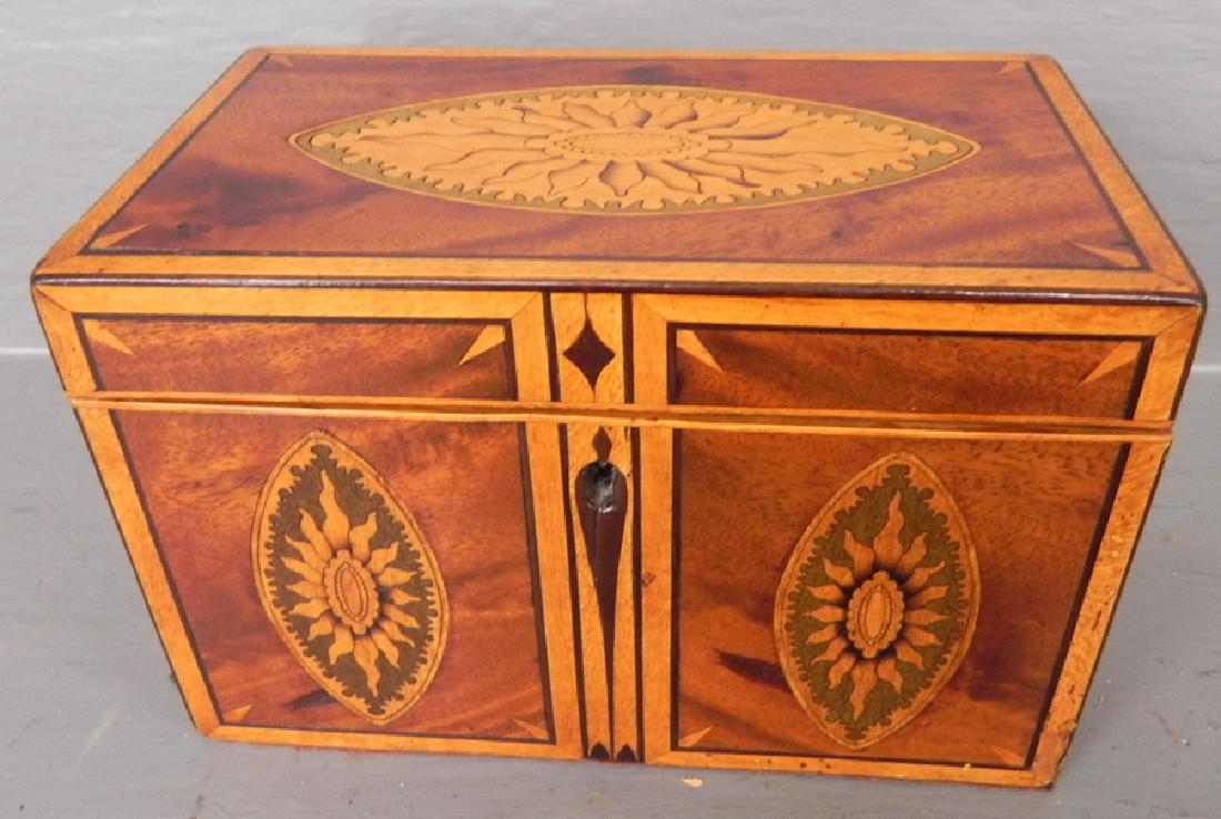 Mahogany sunburst & satinwood inlay tea caddy. (1 of 3)