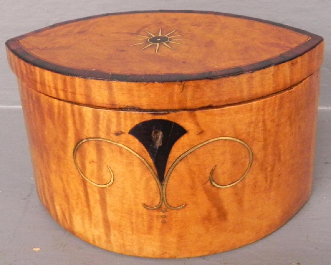 Oval tiger maple tea caddy w bronze & ebony inlay. (1 of 3)