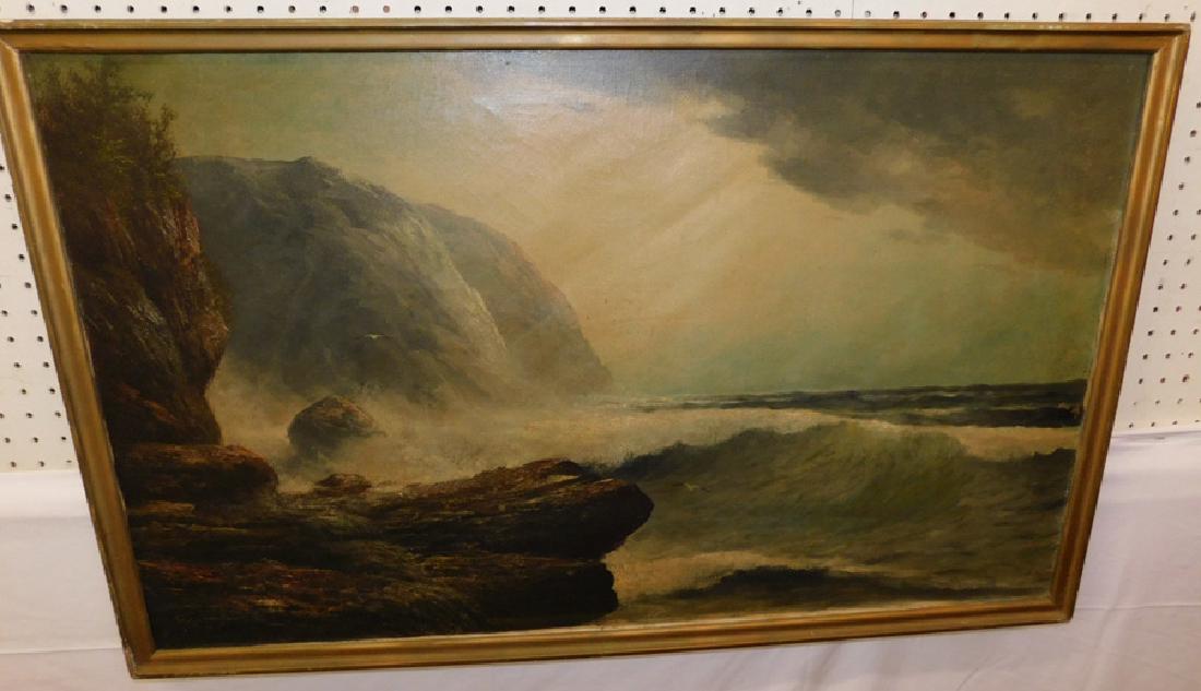 Oil on canvas rough seas, signed O.F (illegible). (1 of 3)