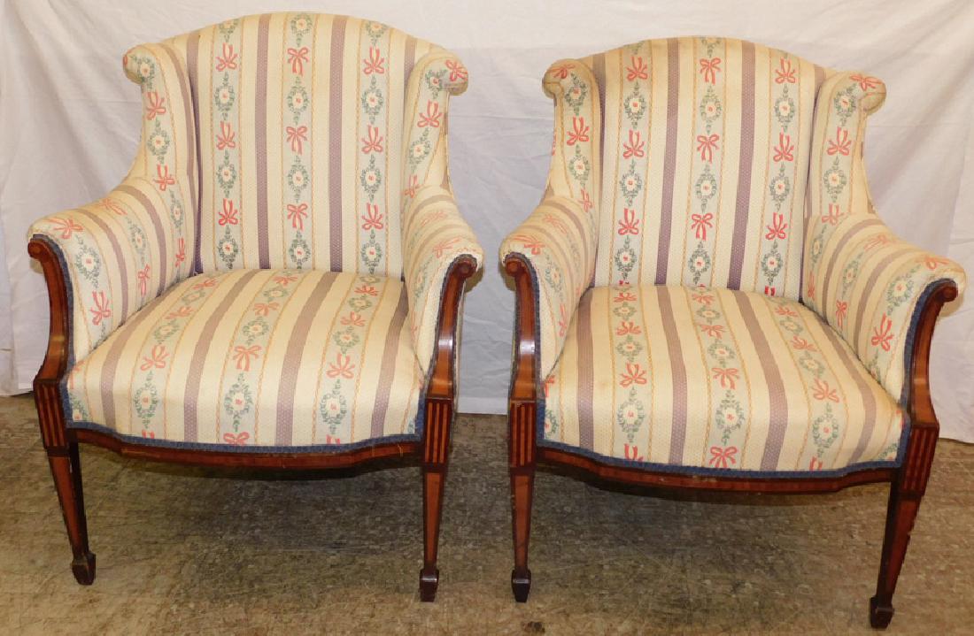 Pair satinwood inlaid mahogany Edwardian chairs.: Pair satinwood inlaid mahogany Edwardian chairs. 36" tall.