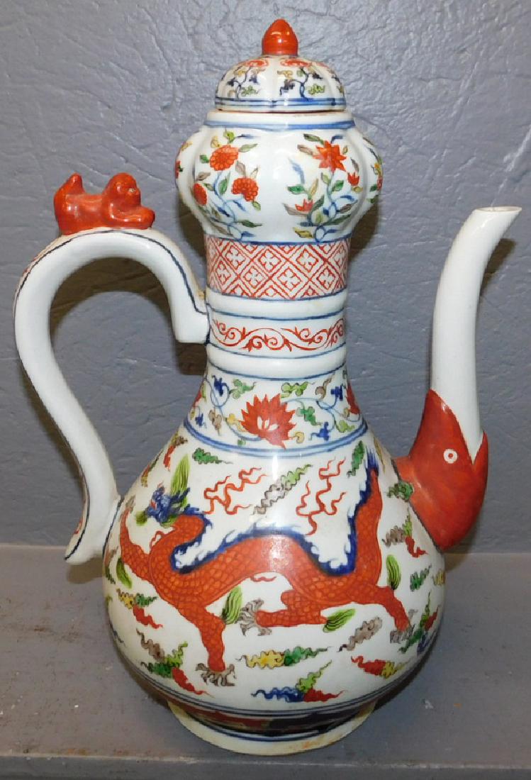 19th C Chinese ewer w 5 finger dragon, koi spout (1 of 3)