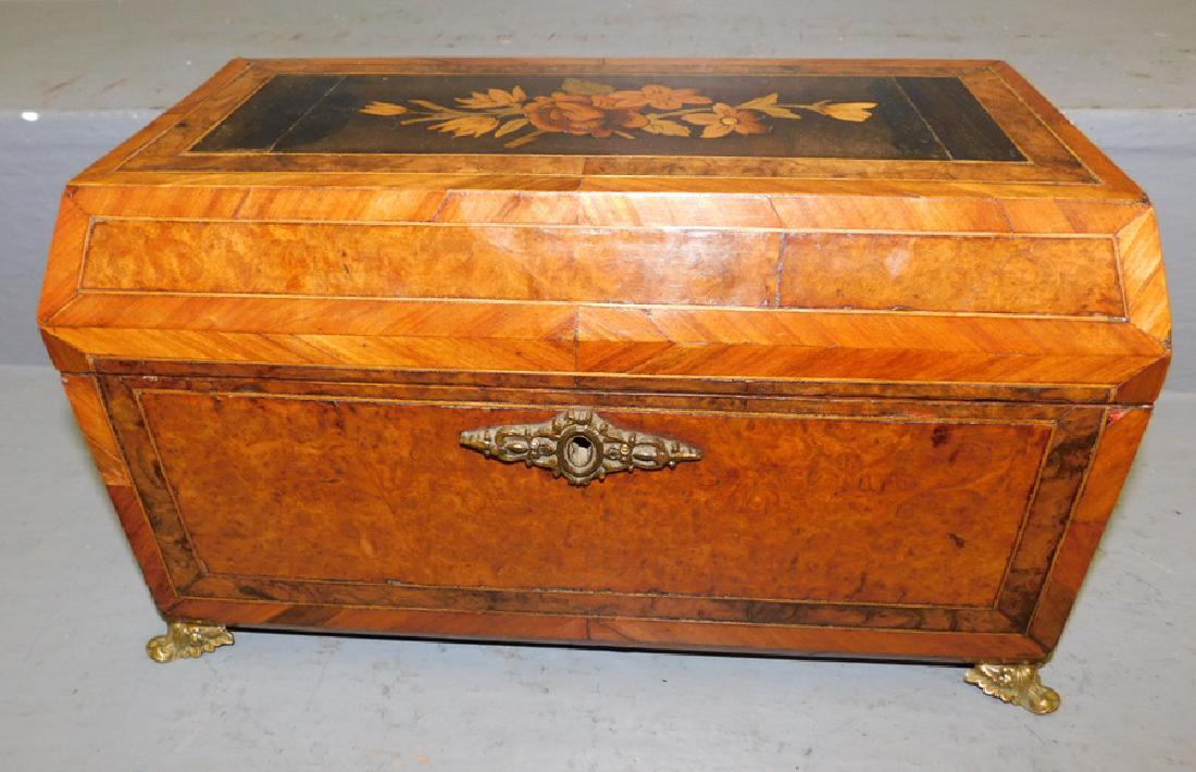 Burl walnut inlaid fitted tea caddy. (1 of 5)
