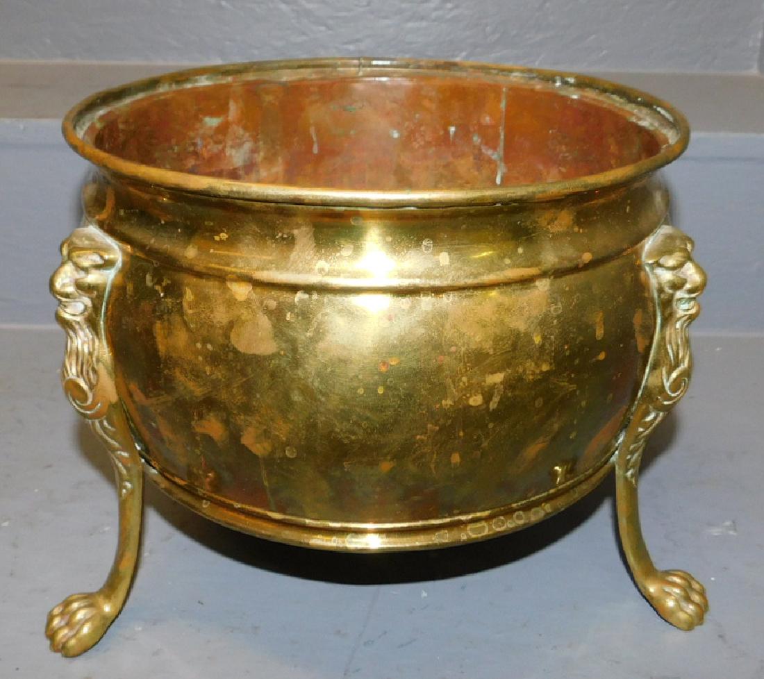 19th C footed brass planter w/ copper liner. 10" dia. (1 of 3)