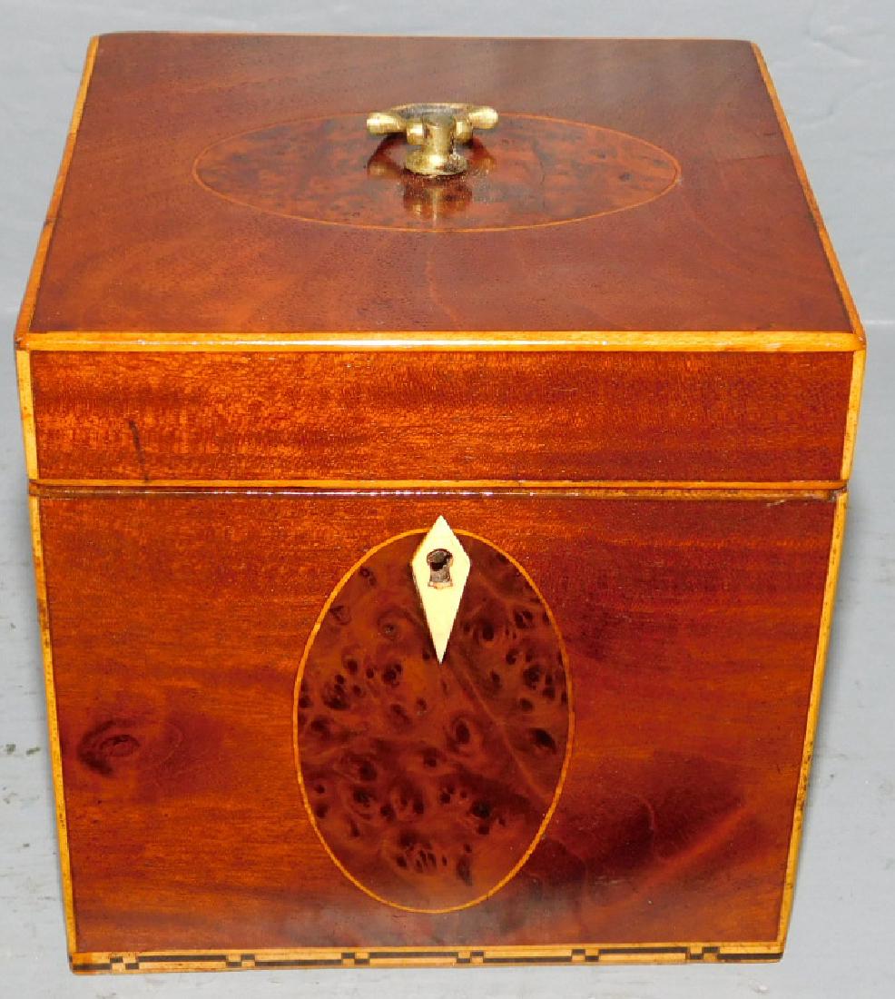 19th c Inlaid mah fitted tea caddy w oval burl design. (1 of 3)