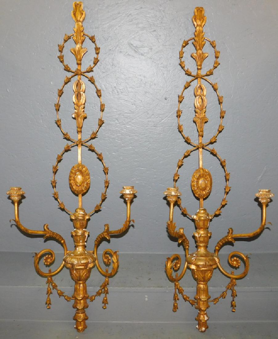 Pair of metal gold leaf wall sconces. 43" tall. (1 of 4)