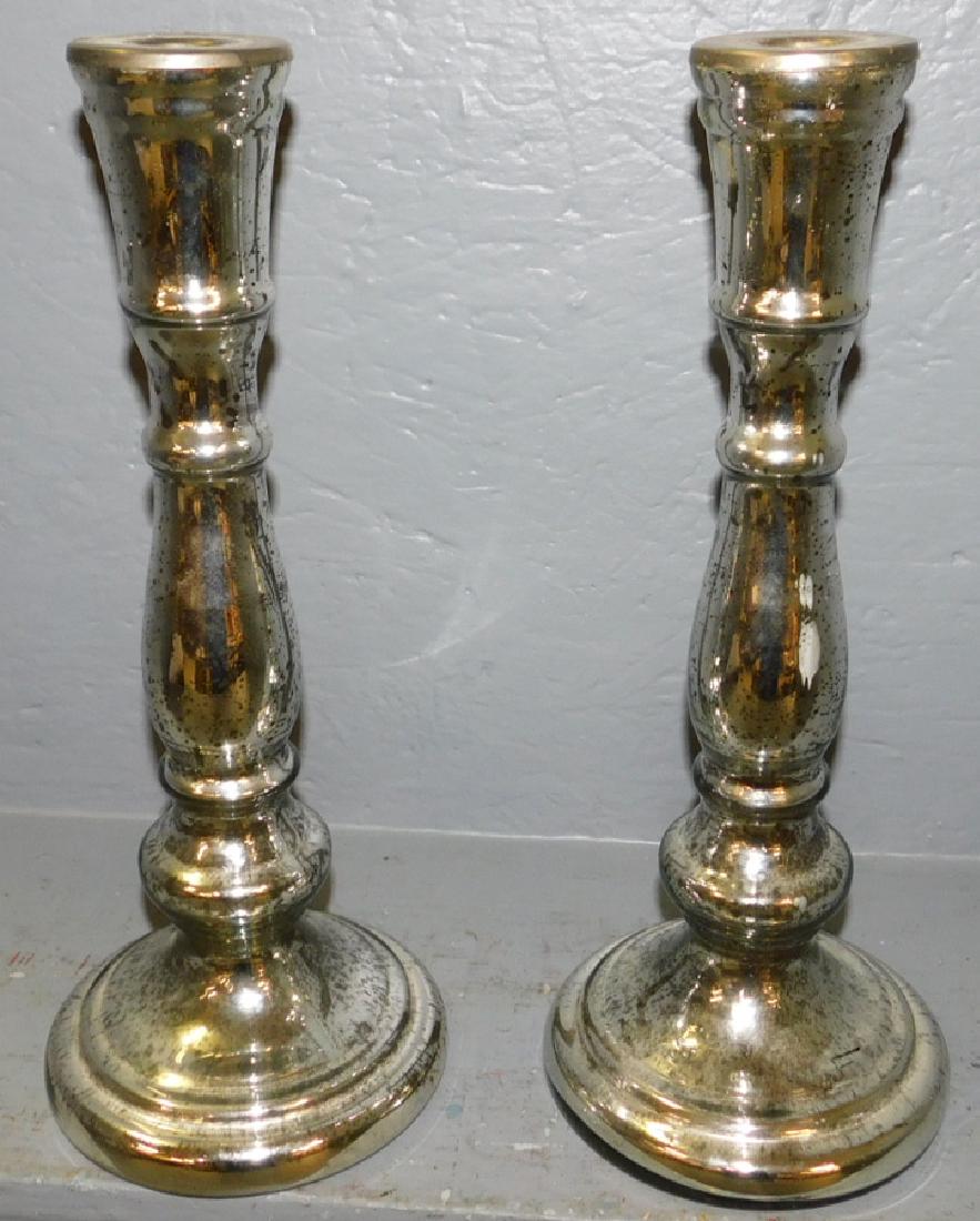 Pair Mercury glass candlesticks. 14 1/2" tall. (1 of 2)
