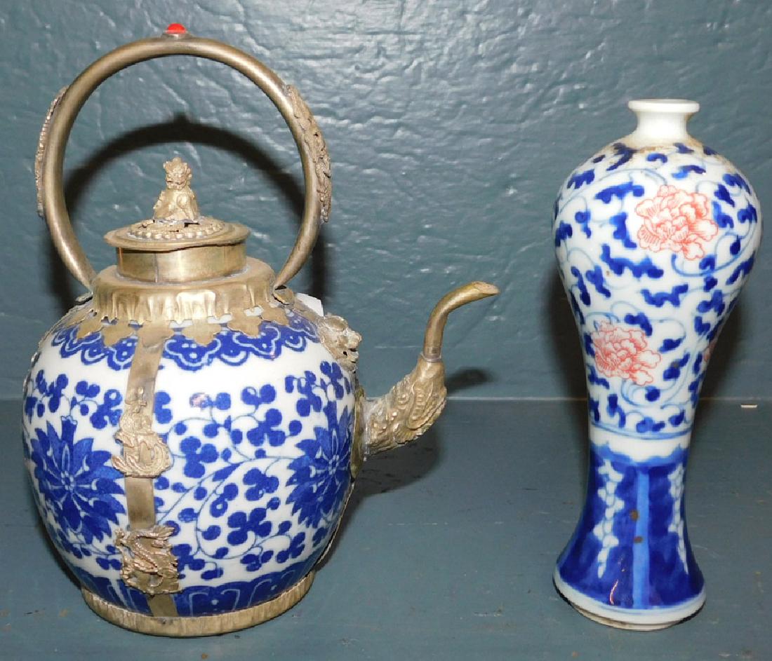 Early Chinese scent vase and tea pot. To 8" tall. (1 of 3)