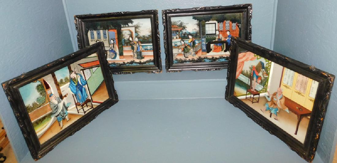 4 Oriental framed reverse paintings on glass. (1 of 6)