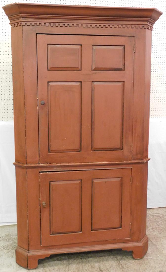 19th C red painted raised panel corner cupboard. (1 of 4)
