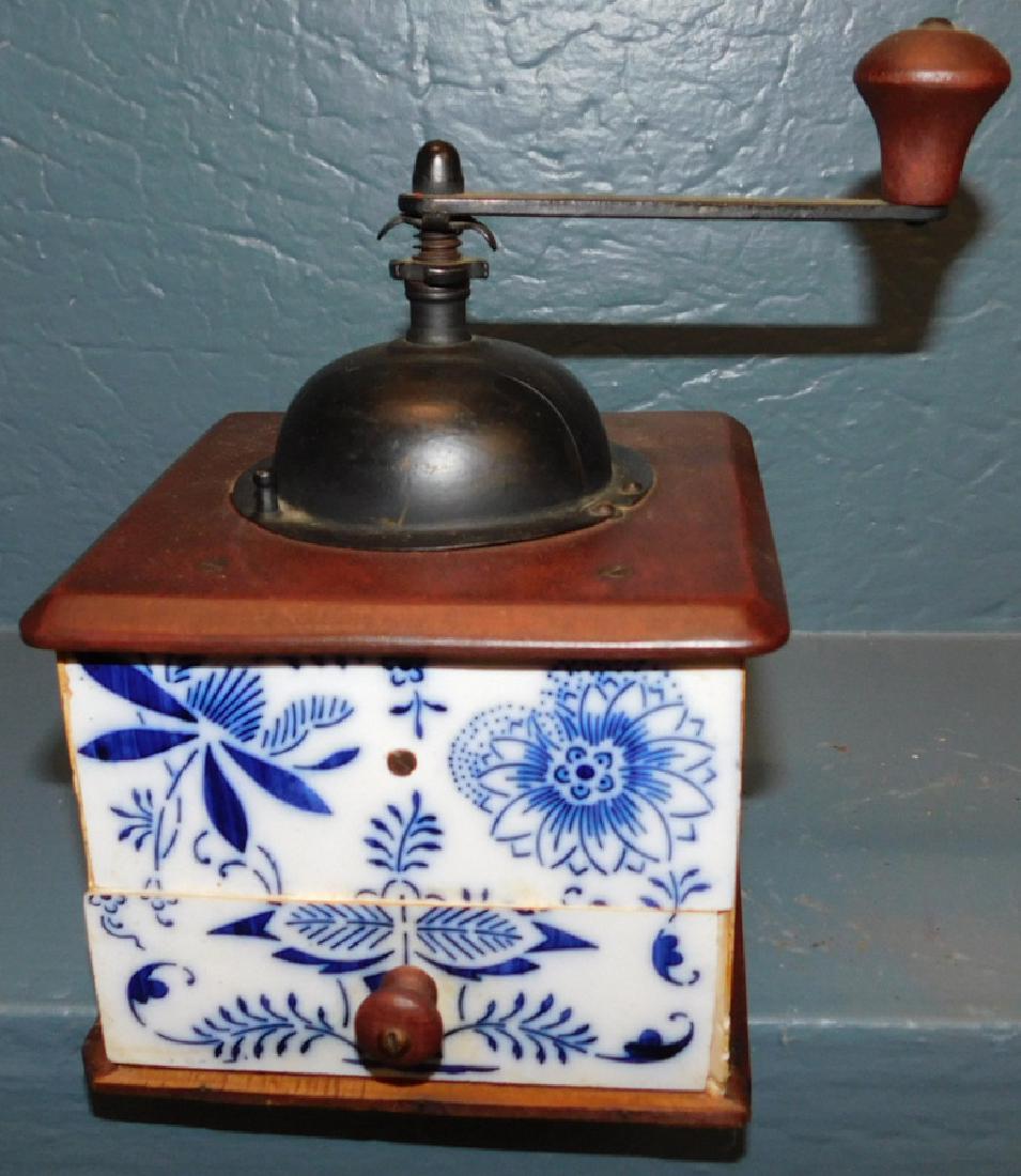Blue Onion decorated coffee mill. 6" square. (1 of 3)