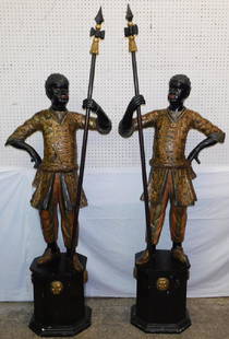 Pr 19th C carved and painted Blackamoor figures.: Pair large 19th C carved and painted Blackamoor figures. 84" tall.