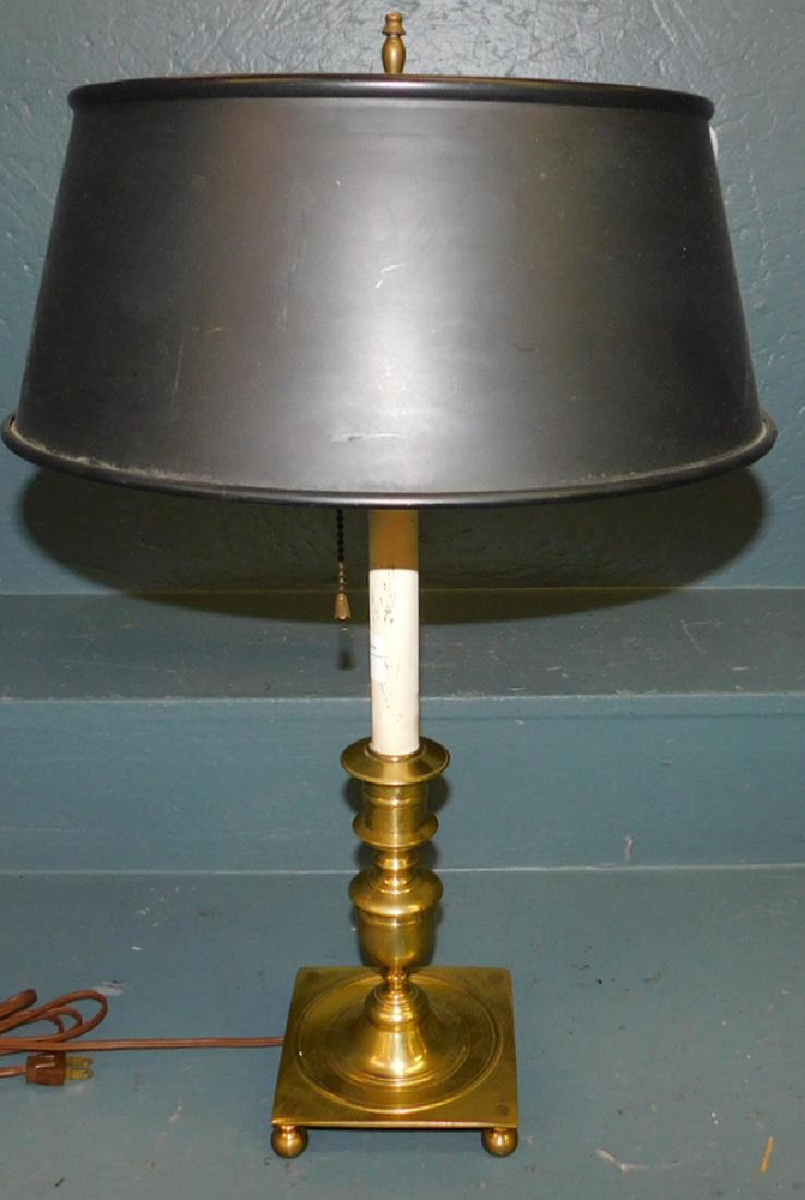 Brass candlestick lamp with Tole shade. 22" tall. Sep 04, 2017