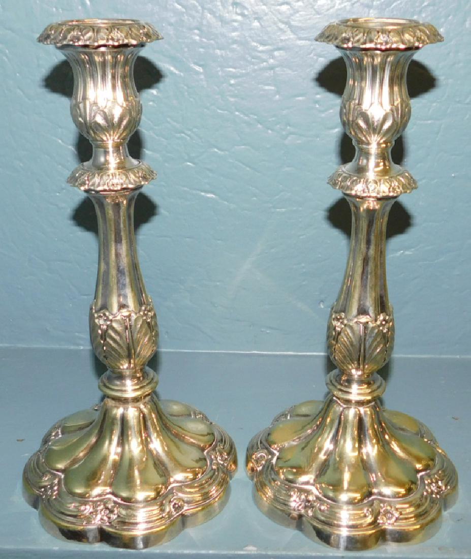 Pair of early Sheffield candlesticks. 12" tall. (1 of 2)