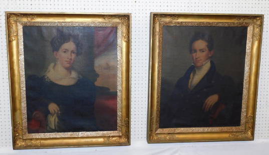 Pair of portrait oil paintings in original frames: Late 18th to early 19th C pair of portrait oil paintings in original frames from Norfolk VA estate. 38" x 32".