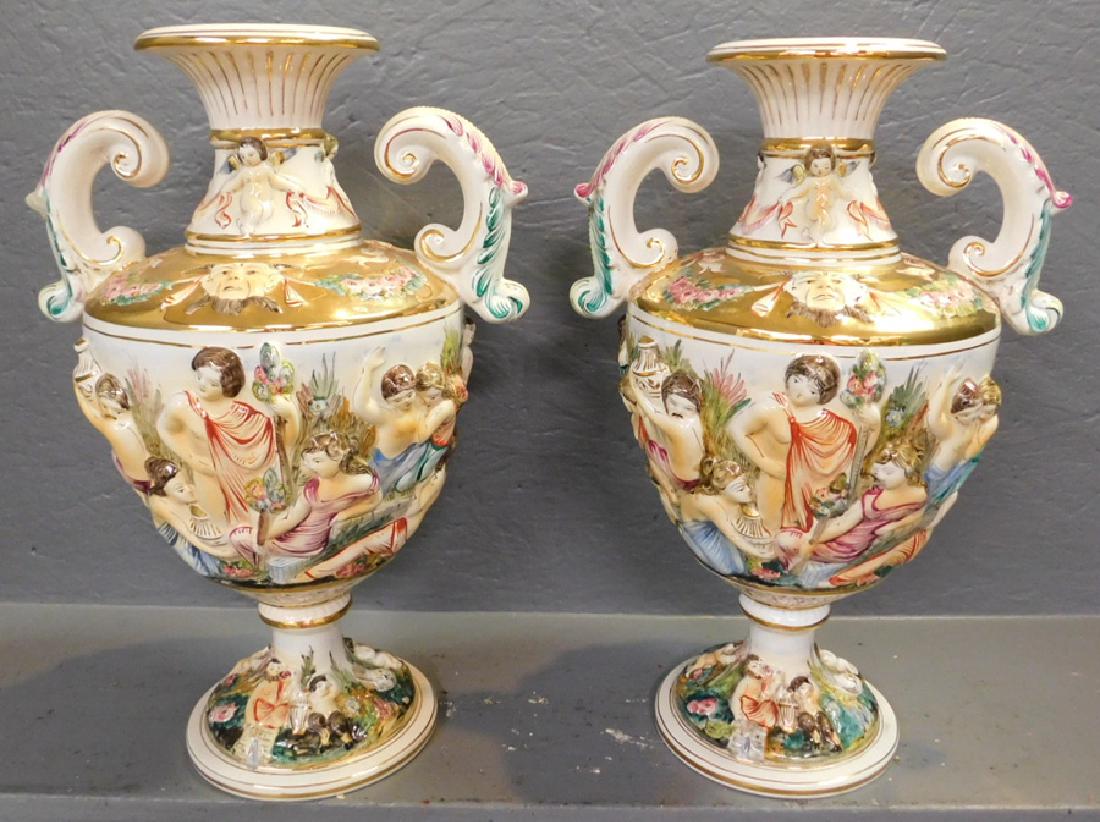Pair of Italian Capodimonte vases. 17" tall.: Pair of Italian Capodimonte vases. 17" tall.