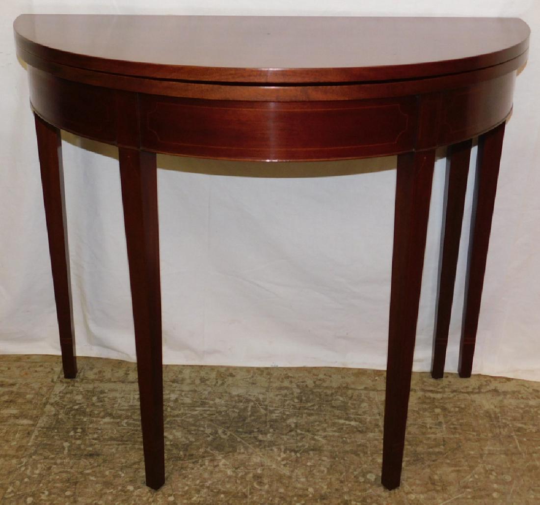 Inlaid HW fold over cabinet makers game table.: Inlaid Hepplewhite fold over cabinet makers mahogany game table. 36" wide x 35" open x 30 1/2" tall closed.