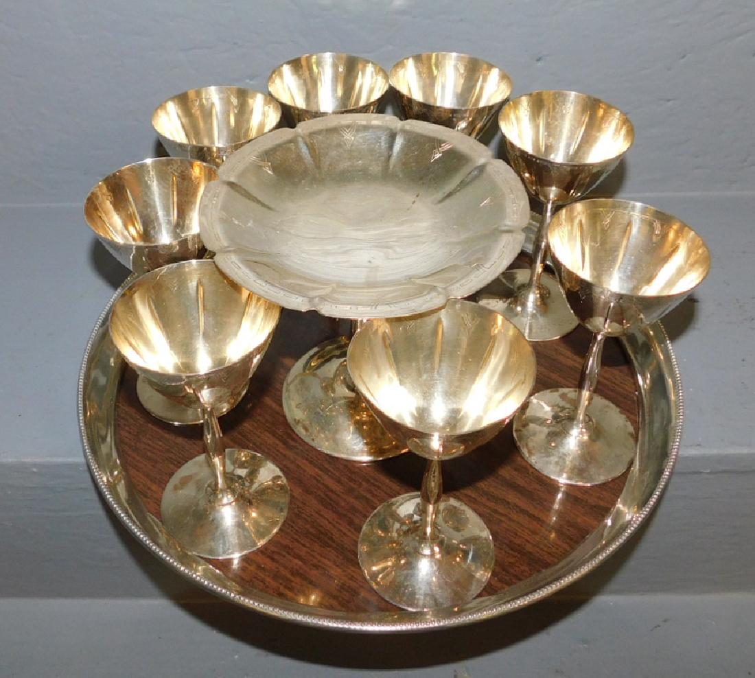 9 pc. SP "Paris" cordial set Wallace gallery tray: 9 pc. Art Deco silver plate "Paris" pattern cordial set with Wallace gallery tray