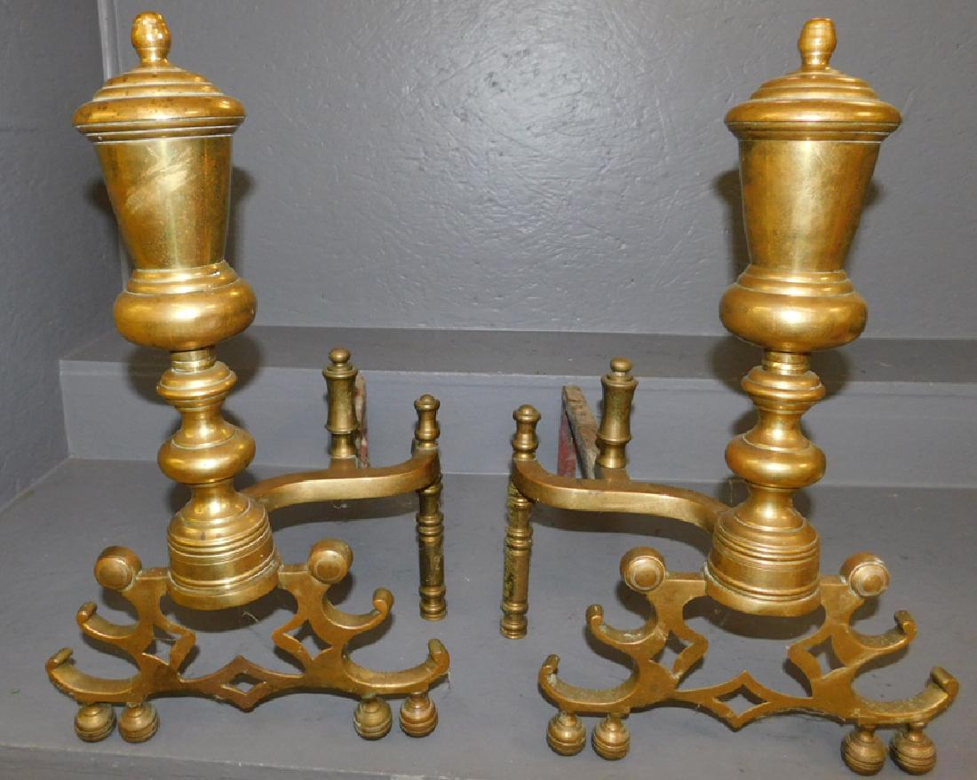 Pair of 19th C heavy brass andirons. 22" tall.: Pair of 19th C heavy brass andirons. 22" tall.