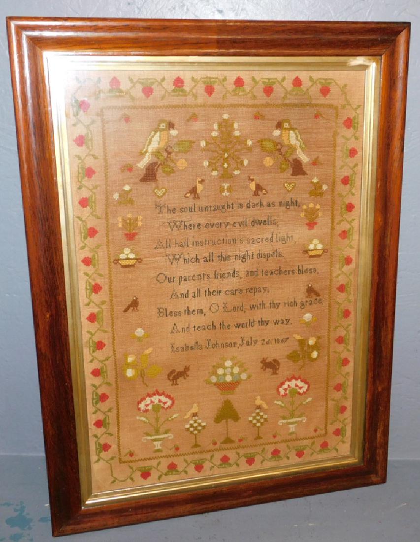 Isabel Johnson 1867 sampler found in Norfolk.: Isabel Johnson 1867 sampler found in Norfolk in rosewood frame. 22" x 30".