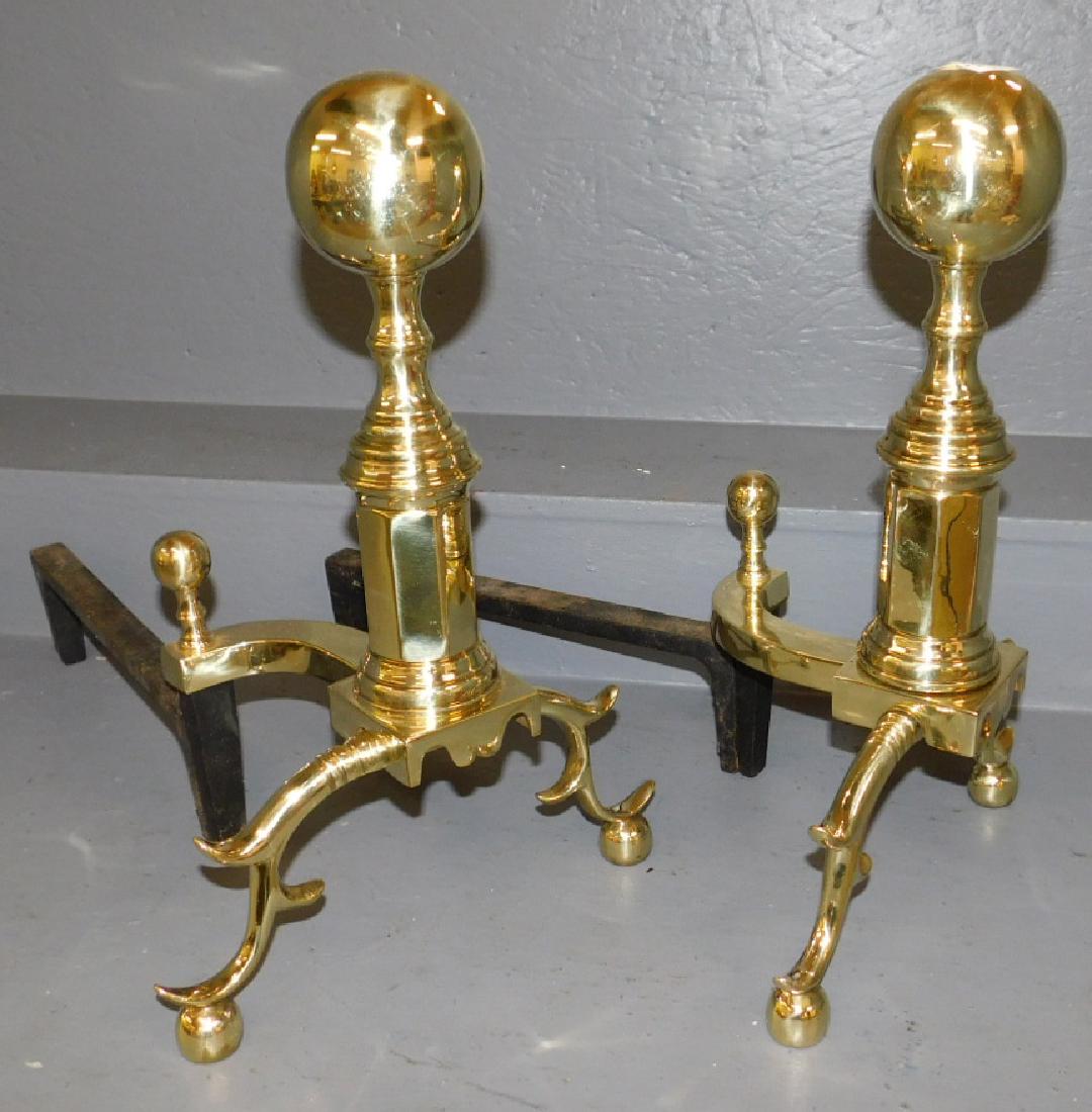 Virginia Metalcraft cannonball brass andirons.: Virginia Metalcraft cannonball brass andirons. 18 1/2" tall.