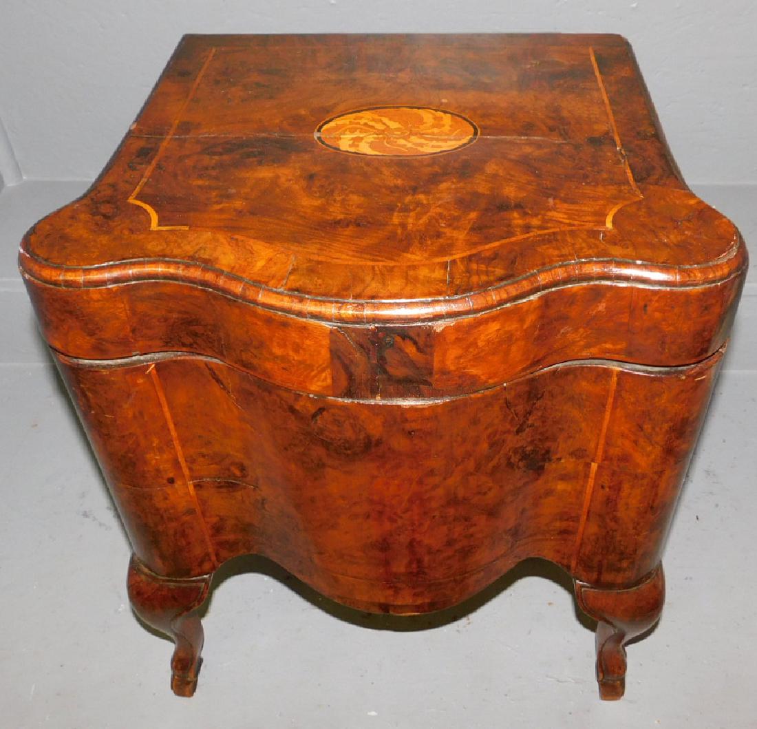 Burl walnut 18th C inlaid cellarette.: Burl walnut 18th C inlaid cellarette. 18" wide x 14" deep x 20" tall.