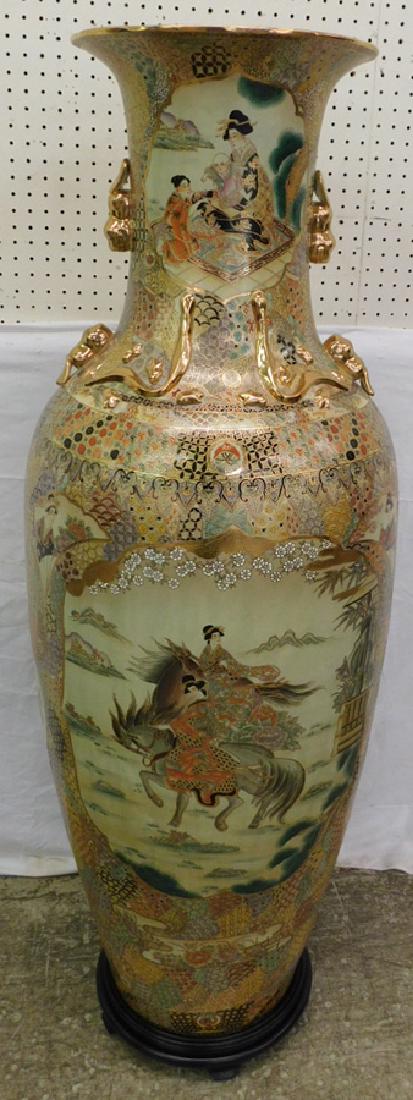 19th C Japanese Satsuma palace vase on stand.: 19th century Japanese Satsuma palace vase on stand. Restored. 59" tall with stand.