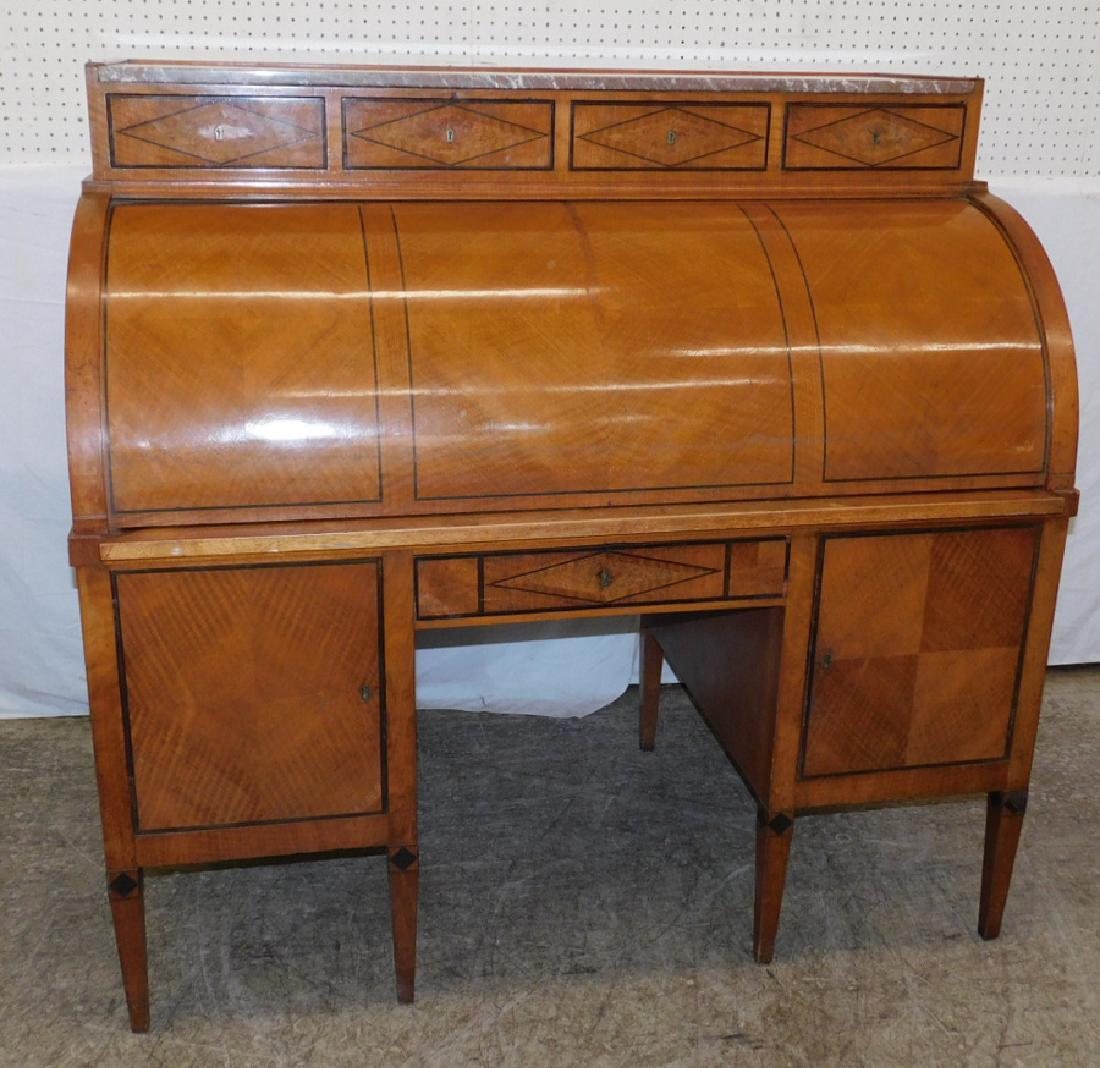 19th C Cont. inl. bleach mah MT cylinder roll desk.: 19th century Continental satin inlaid and burled marble top cylinder roll desk. 52" wide x 30" deep x 50" tall.