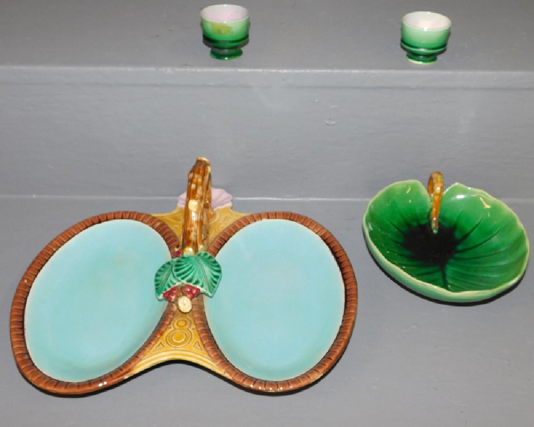 Majolica divided dish, 2 egg cups & Minton leaf dish.: Majolica divided dish, 2 egg cups and Minton leaf dish. To 11" dia.