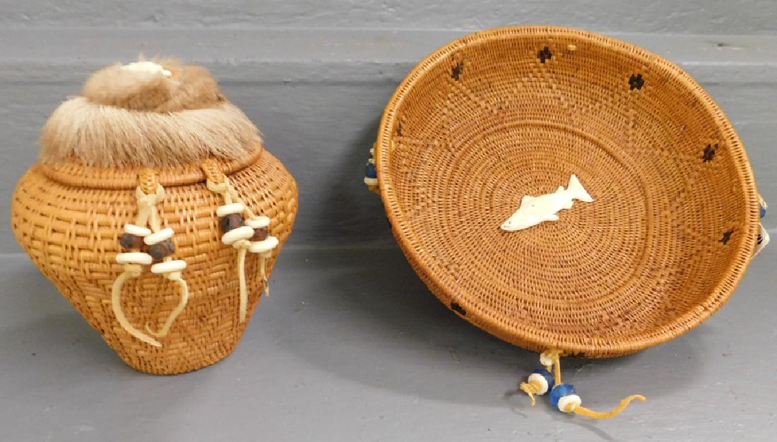 Inuit woven and decorated baskets.: Inuit woven and decorated baskets. To 9 1/2" dia.
