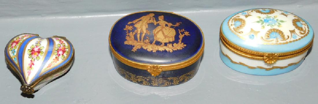 Thee Limoges porcelain battersea boxes.: Three Limoges porcelain battersea boxes.