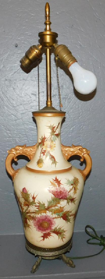 Large jade type glass tree w/ celadon planter.: Royal Worcester lamp with bird handles and dolphin base.