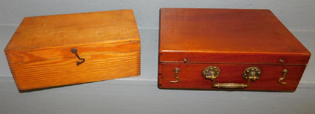 Yellow pine dovetail box and mahogany dresser box.: Yellow pine dovetail box and mahogany dresser box. To 12" wide x 8" deep x 4" tall.