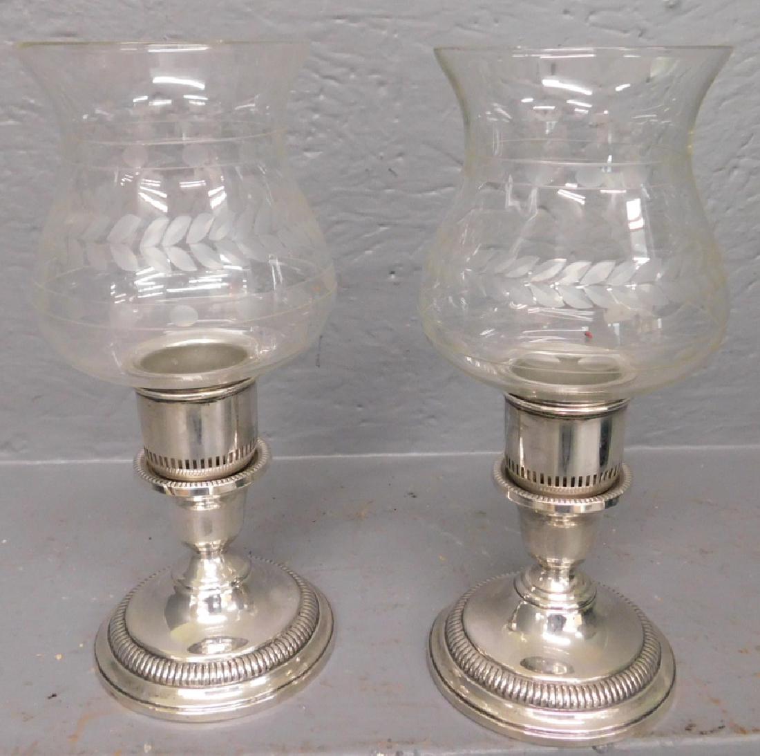 Pr. weighted sterling etched shade candlesticks (1 of 2)