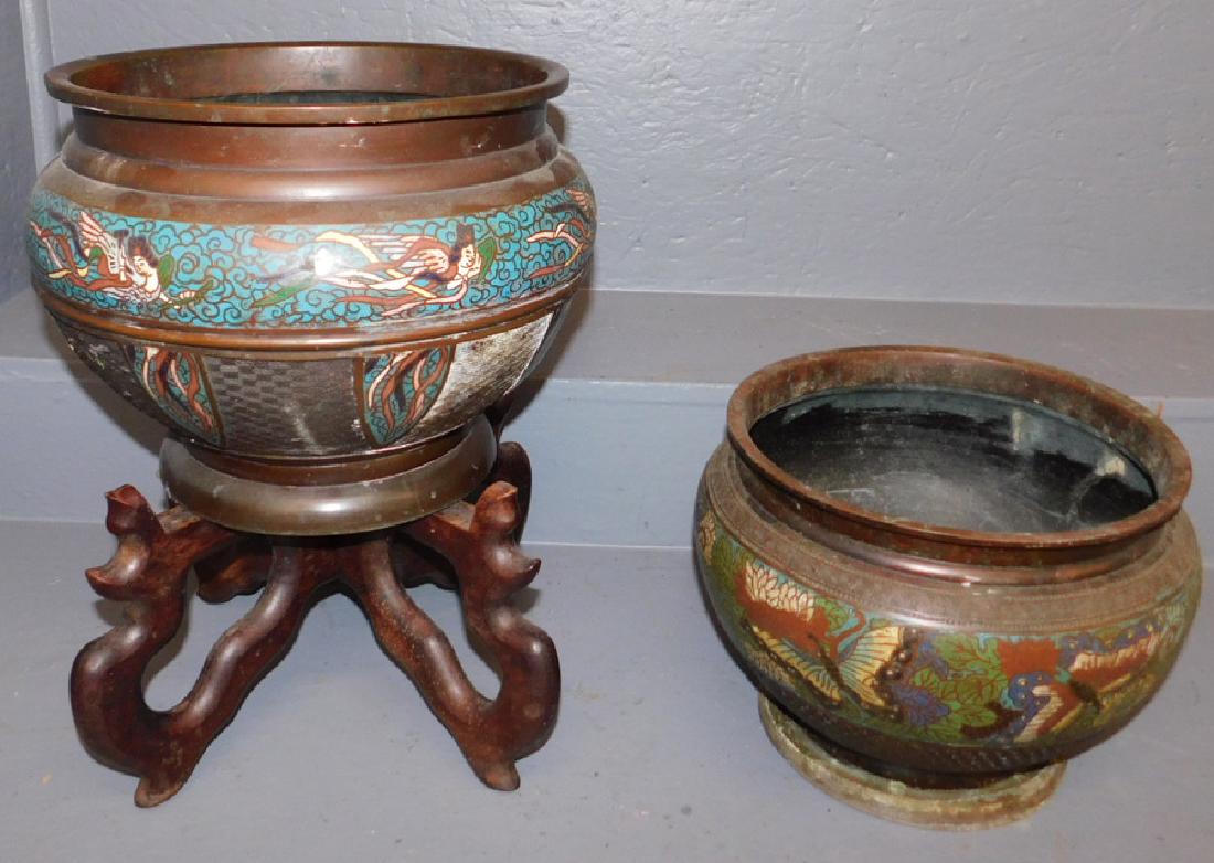 2 bronze Champleve jardinieres.: 2 bronze Champleve jardinieres (one is missing bottom). To 11 1/2" round x 10" tall.