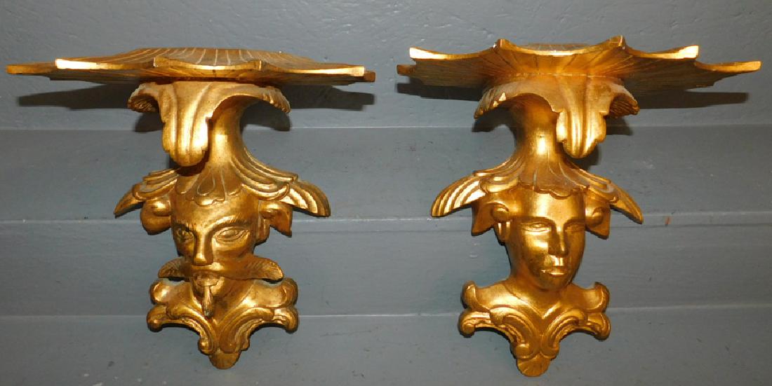 Pair of gilt wood figural wall bracket shelves. (1 of 3)